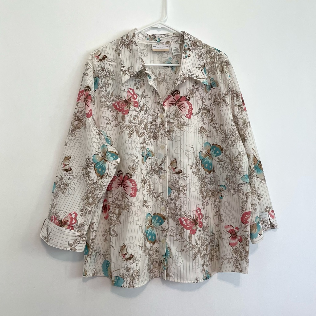Alfred Dunner Plus Size Cream Ivory Tan Butterfly 3/4 Sleeve Button Down Shirt